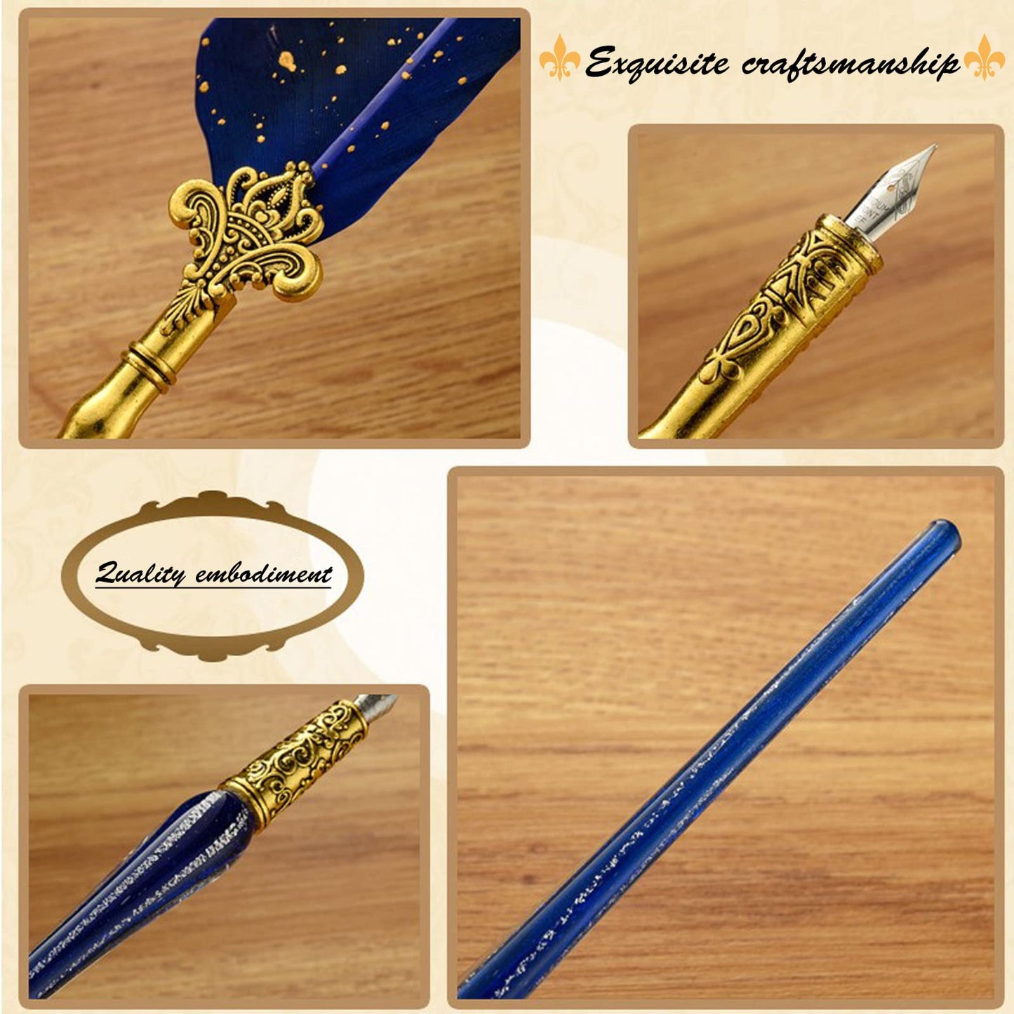 Joyeee Feather Calligraphy Pen and Ink Set, with Vintage Writing Quill Pen, Glass Dip Pen, Wooden Dip Pen, Pen Nibs, Pen Holder, Cup, Wax Beads, Seal Stamp, Melt Spoon and Gift Boxes #83