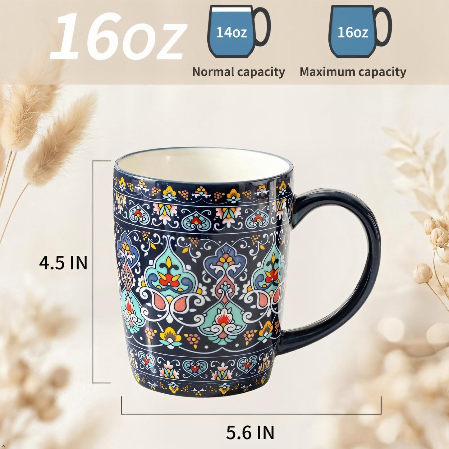 glowworm 16 oz Coffee Mugs Set of 4, Large Ceramic Coffee Cups, Colorful Mugs Set with Handles for Latte, Hot Cocoa, Tea, Housewarming Gift, Dishwasher & Microwave Safe, Bohemian