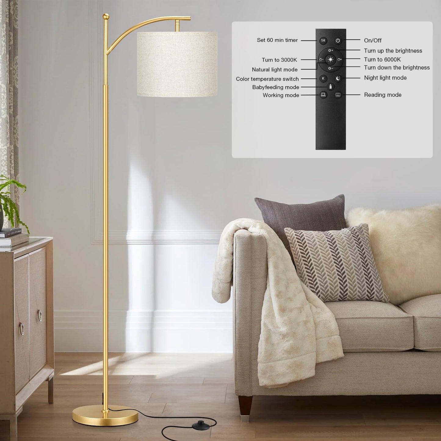 Ambimall Floor Lamp with Remote Control, Brightness and Colors Temperature Adjustable, Rotating Shade, Bulb Included, Modern Floor Lamps for Living Room, Bedroom, Office (Light Beige and Gold)
