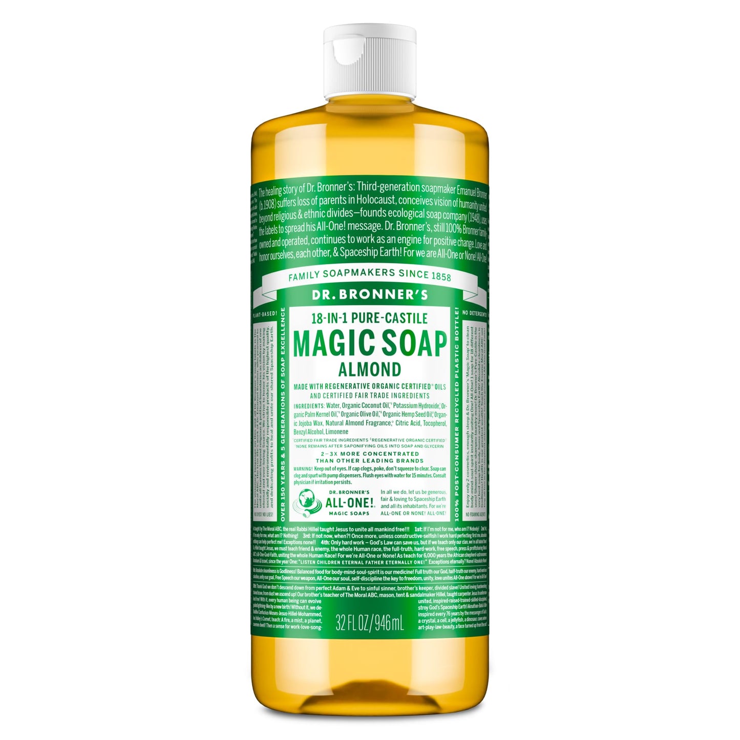 Dr. Bronner’s - Pure-Castile Liquid Soap (Almond, 946 mL) - Made with Organic Oils, 18-in-1 Uses: Face, Body, Hair, Laundry, Pets and Dishes, Concentrated, Vegan, Non-GMO