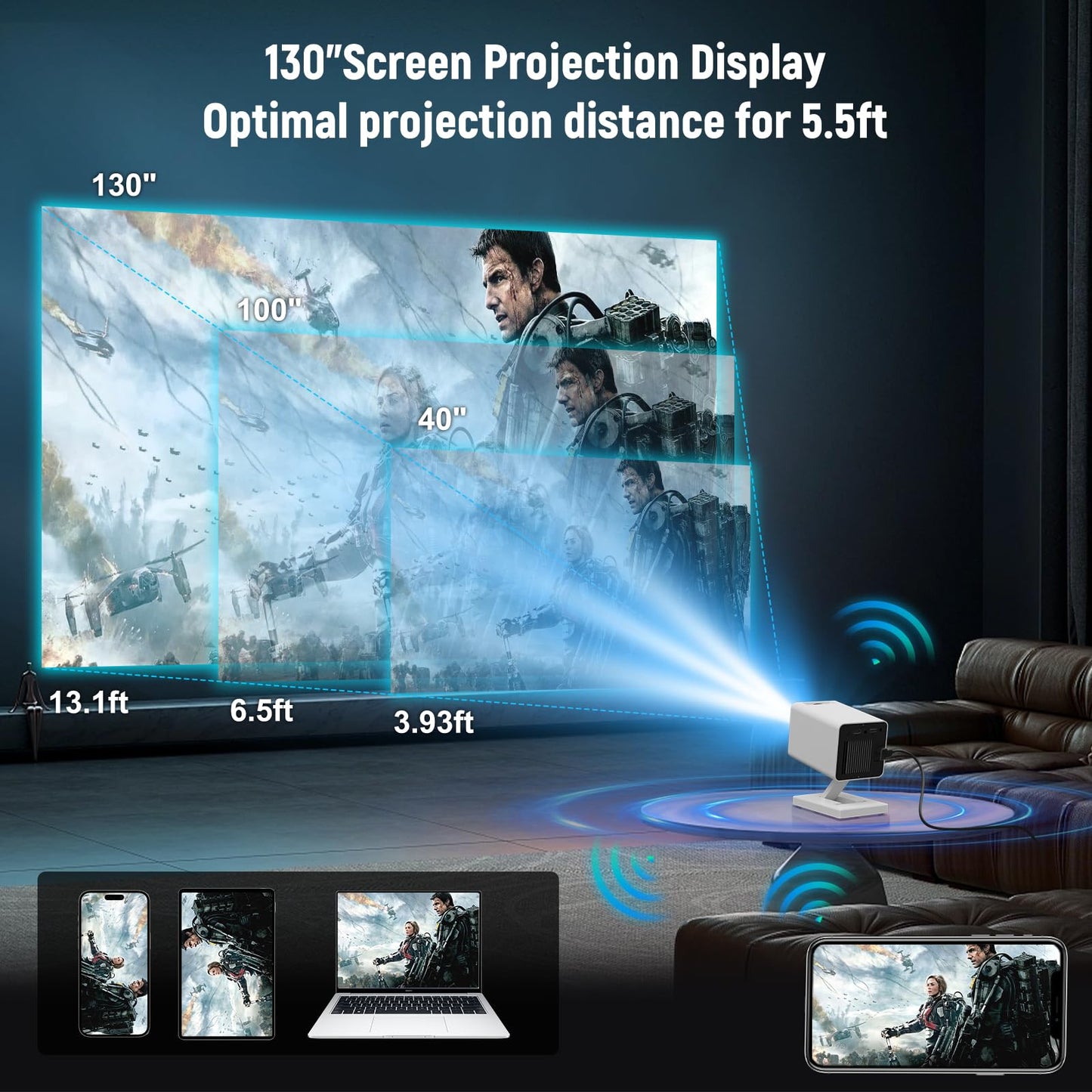 Pisodawn Mini Projector 4K Portable Video Projector with WiFi6 & Bluetooth 5.4, 150 ANSI Automatic Vertical Correction, 130'' Screen Home Cinema Smart Projector for Phone/PC/HDMI/USB/Laptop