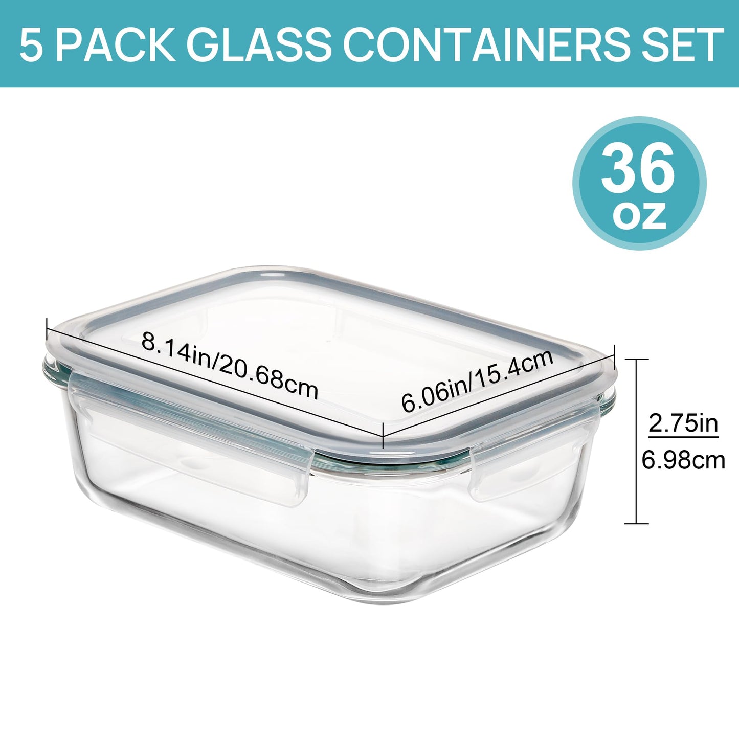 Vtopmart 5 Pack 36oz Glass Food Storage Containers with Lids, Meal Prep Containers, Airtight Lunch Containers Bento Boxes with Snap Locking Lids for Microwave, Oven, Freezer and Dishwasher