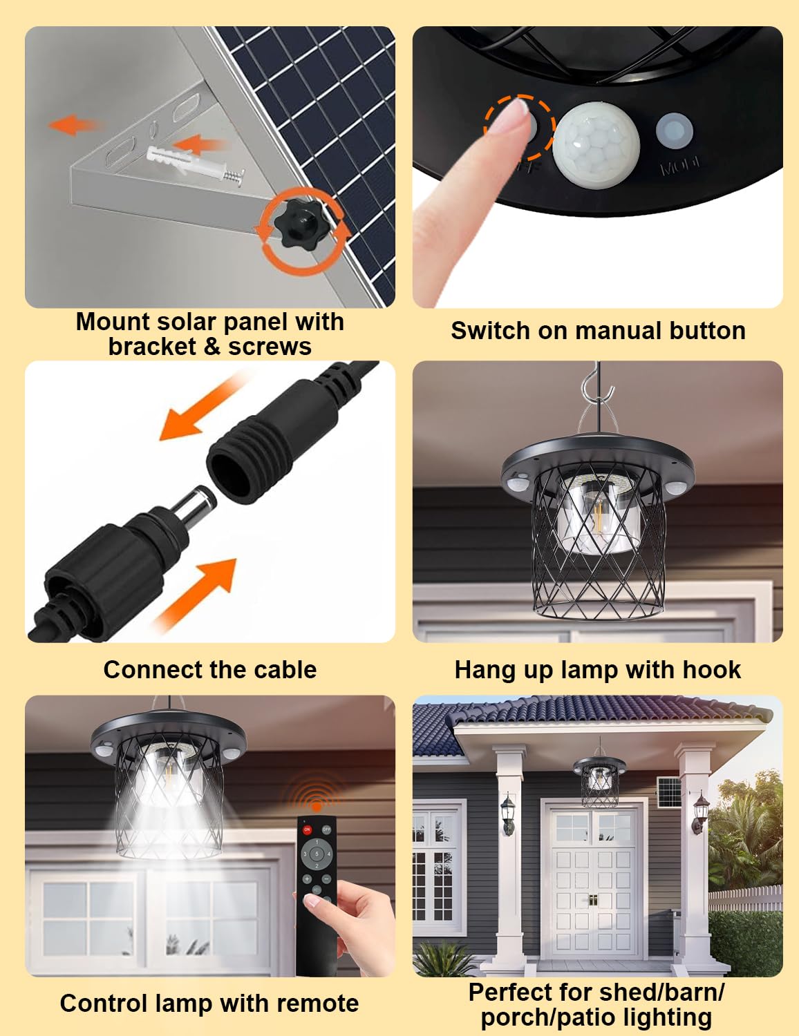 Solar Pendant Lights Outdoor,Motion Sensor Lights, IP65 Waterproof, Switchable 5 Lighting Modes.Remote Control and Solar Powered Suitable for Solar Gazebo Lights and Solar shed Light with Switch
