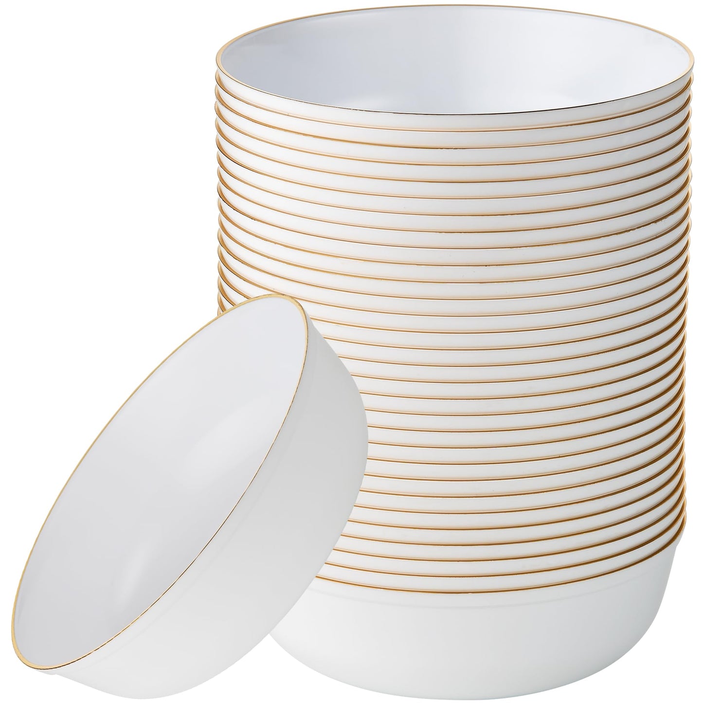 [30 Pack 16 OZ Bowls] Edge Collection White with Gold Rim Plastic Party Soup Bowls Premium heavyweight Elegant Disposable Tableware Dishes