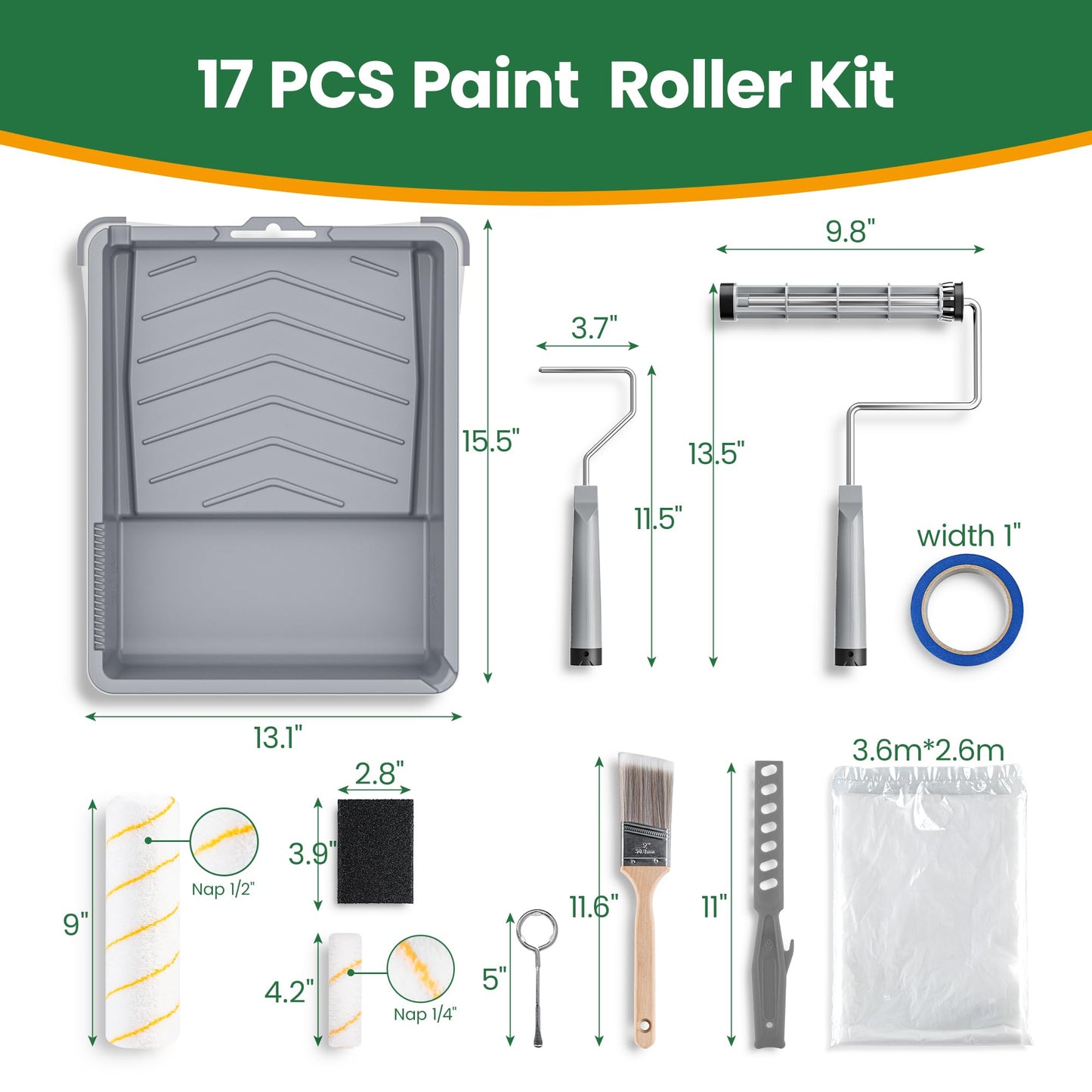 VOOMEY 17 Piece Paint Roller Kit - Paint Rollers 9"4", Paint Roller Frame，Paint Trays, Microfiber Roller Cover, Paint Kit for House Painting,Paint Brushes for Painting Walls