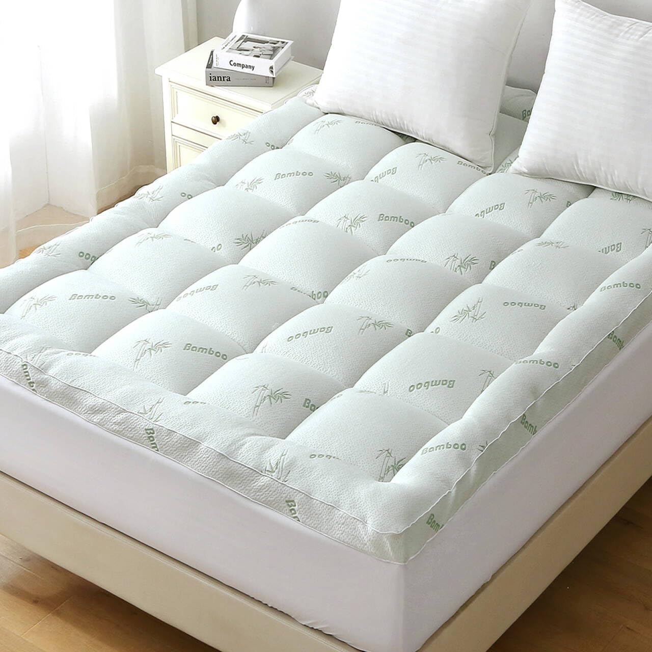 Bamboo Mattress Topper Queen Size, Cooling Extra Thick Breathable Mattress pad with 8-21”Deep Pocket, Soft Quilted Fitted Mattress Cover with Down Alternative Fill,60 x 80 Inch