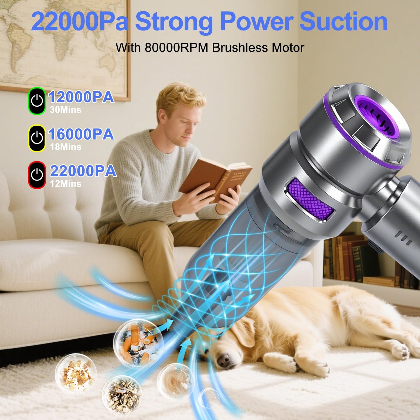 Handheld Car Vacuum Cleaner Cordless 22000Pa Powerful Cyclonic Suction Blowing Brushless Motor Portable Rechargeable Hand-held Air Duster/Blower/Pump for Vehicles Home Carpet Pet Hair Removal (Purple)