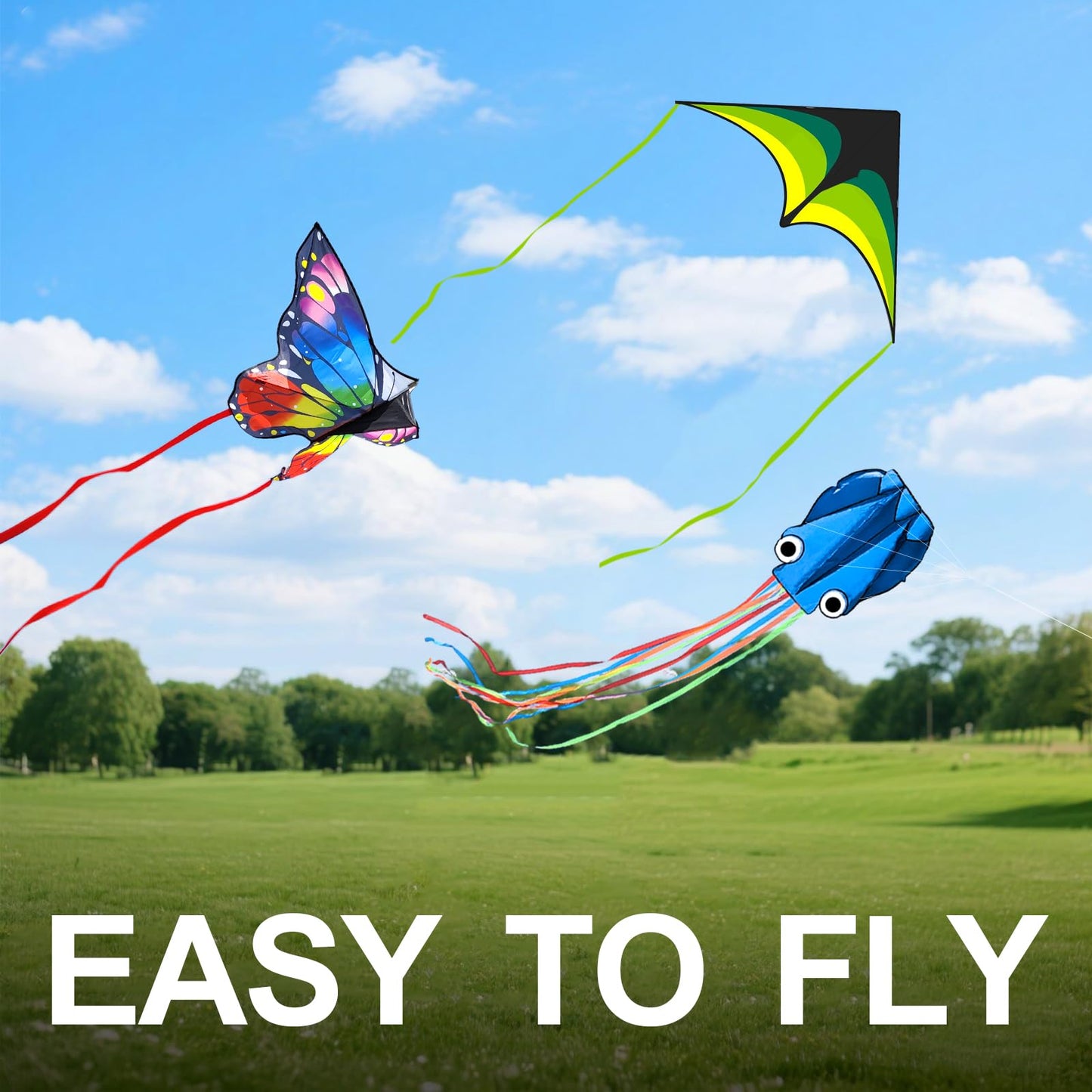 Kaiciuss Kites for Kids & Adults, Kites Set for Beginners and Teens, Easy to Fly for Beach, Perfect for Outdoor Activities (3 Pack-Rainbow Butterfly, Green Delta, and Blue Octopus)
