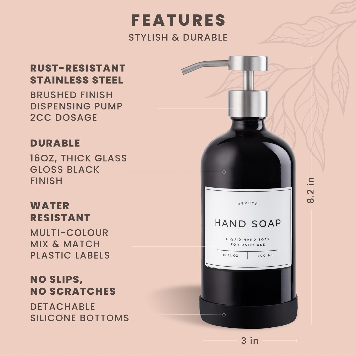 Verute 500ml Glass Soap Dispenser with Stainless Steel Pump, 21 Waterproof Labels, Non-Slip Protective Silicone Pad, Set of 2 for Bathroom & Kitchen (Gloss Black Bottle/Brushed Silver Pump)