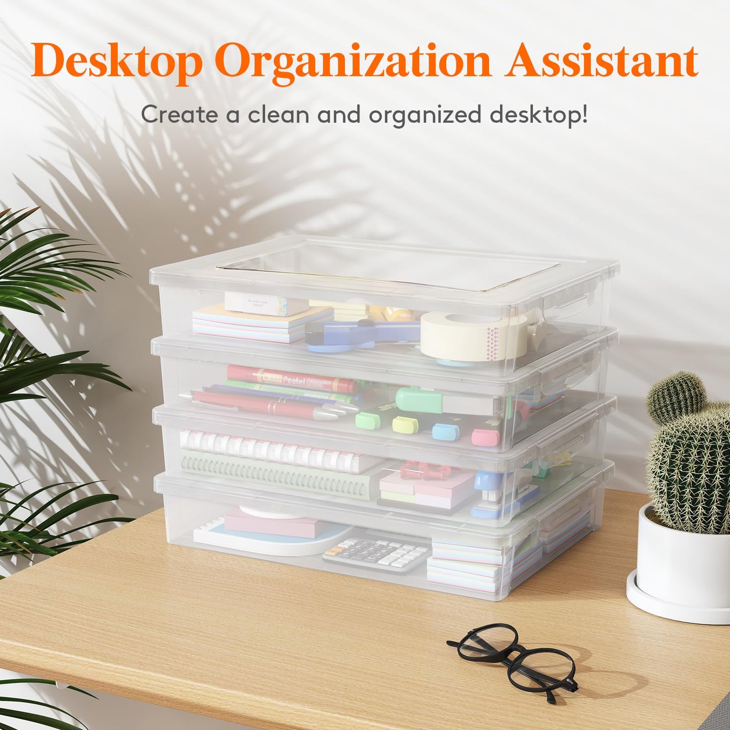 Lifewit 4 Pack Plastic Multi-Purpose Storage Box with Latching Lids, Clear A4 Paper Storage, Classroom Organization, Storage Containers for Craft, Document, Magazine, Art Supplies