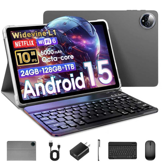 10 Inch Tablet Android 15 with Keyboard, 24GB RAM + 128GB ROM (1TB Expand), T615 Octa-Core, 1280x800 IPS HD Display, 5MP+8MP Dual Camera, 6000mAh, Mouse, Widevine L1, GPS