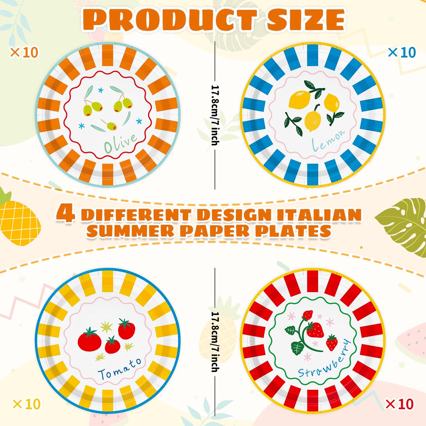 AnyDesign 40Pcs Italian Summer Paper Plates Party Plates 9 Inch Cute Fruit Striped Disposable Dinner Dessert Plate for Birthday Baby Shower Party Supplies