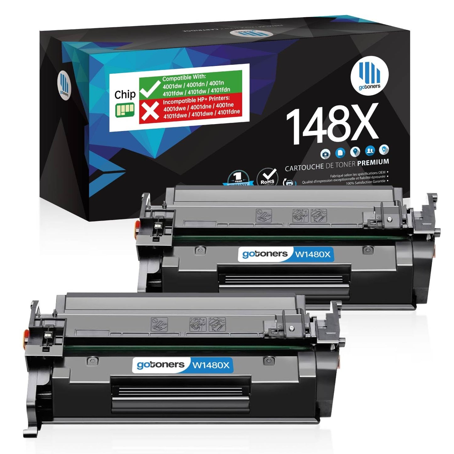 Gotoners 148X Compatible Toner for HP 148X W1480X 148A W1480A (with Chip) 9500 Pages Work with HP Laserjet Pro 4001dw 4001dn 4001n MFP 4101fdw 4101dw 4101fdn Printer Ink - 2-Pack
