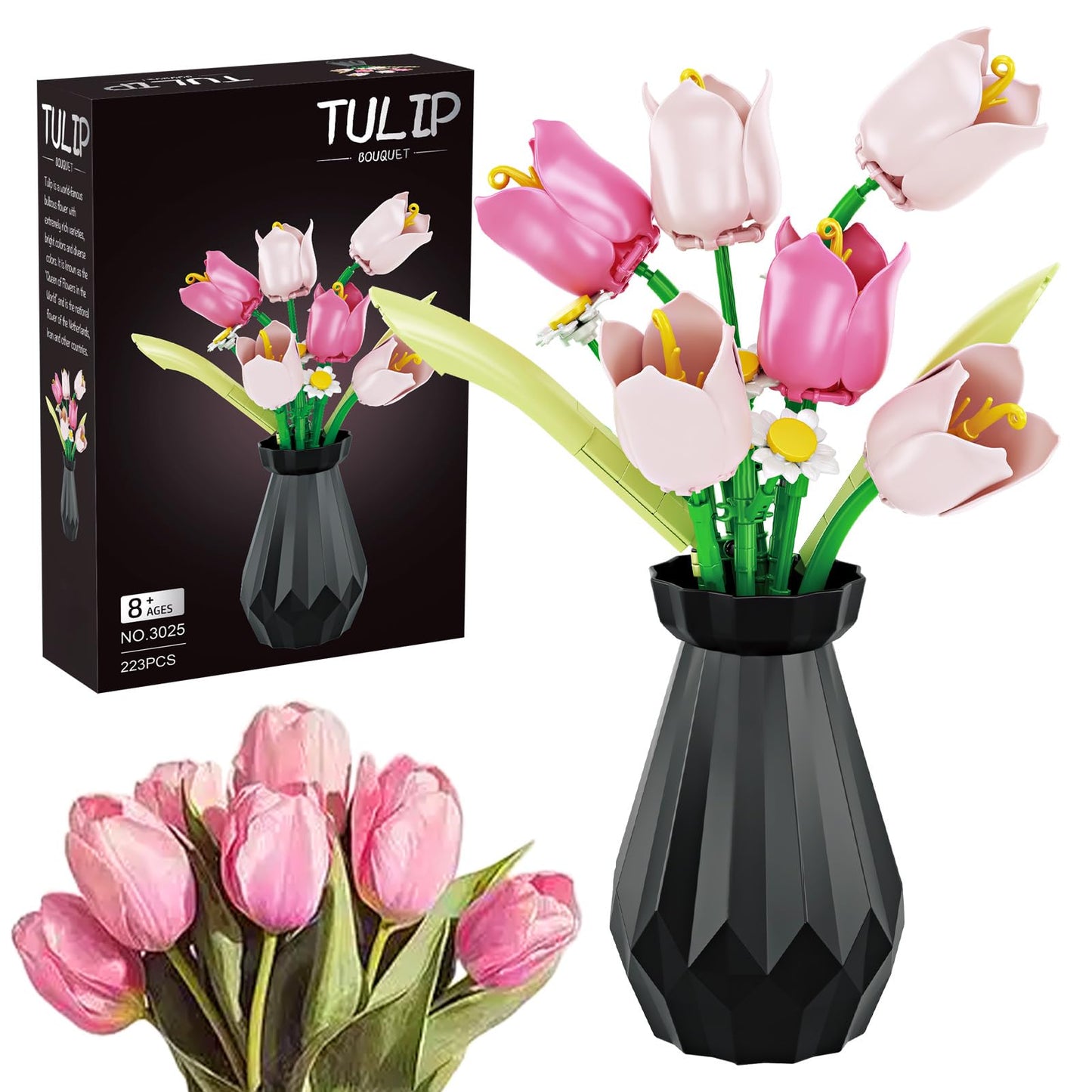 Flower Bouquet Building Sets, Tulips Botanical Collection, DIY Artificial Flower with vase for Adults Women Girl Kids, Pink Chrismas Home Decor Gifts for Mother's Day, Birthday, Easter(223 pcs)