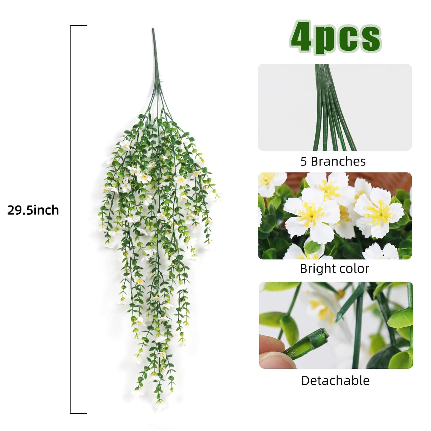 RECUTMS Artificial Flowers for Outdoors Fake Hanging Plants 4 Pcs UV Resistant Silk Daisy Flower Realistic Faux Trailing Vine for Wall Yard Porch Balcony Indoor Outdoor Planters (White)