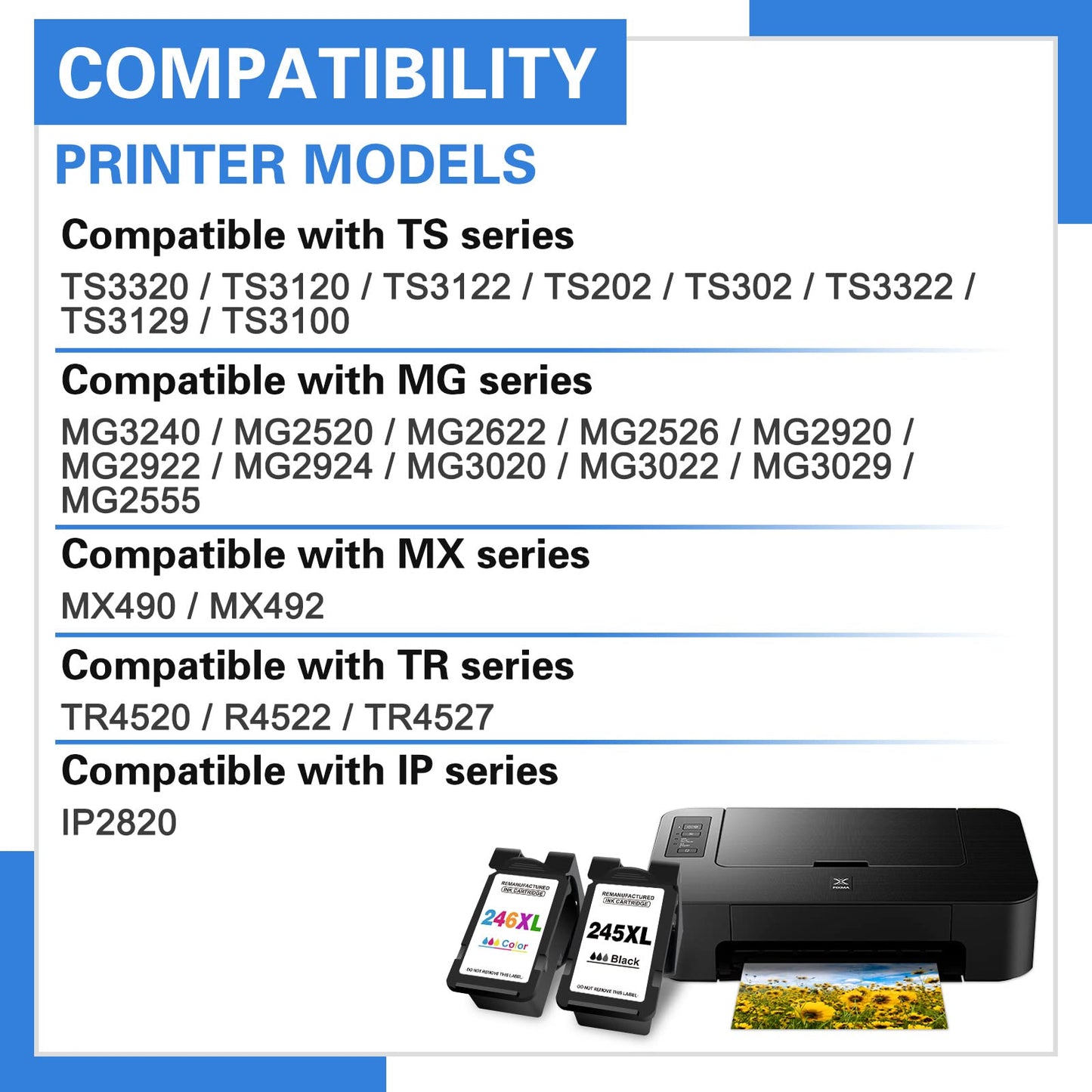 Jonity Remanufactured Ink Cartridges 245 and 246 Replacement for Canon 243 & 244 PG 245XL CL 246XL PG-243 CL-244 for Canon PIXMA MX492 MX490 MG2920 MG2922 MG2420 IP2820 Printer (1 Black 1 Tri-Color)