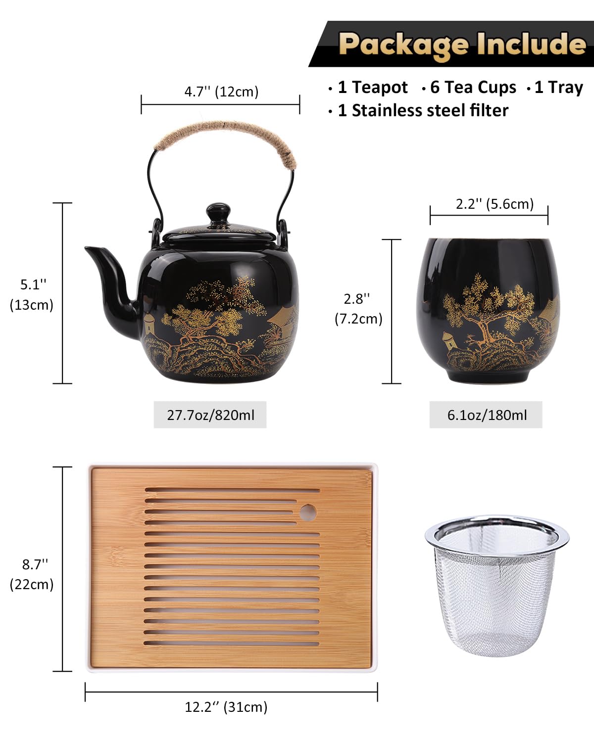 Dujust Japanese Tea Set, Black Porcelain Tea Set with 1 Teapot Set, 6 Tea Cups, 1 Tea Tray, 1 Stainless Infuser, Beautiful Asian Tea Set for Tea Lover/Women/Men (Countryside in Golden)