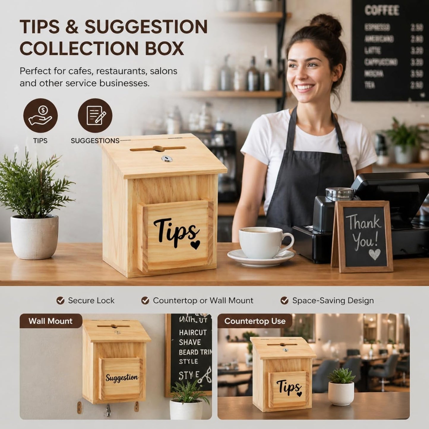 ZENFUN Wooden Suggestion Box with 50 Free Suggestion Cards, Natural Pinewood Ballot Comment Container Donation Box with Locking Hinged Lid for Countertop or Wall Mounted, 8.6" x 6.8" x 10"