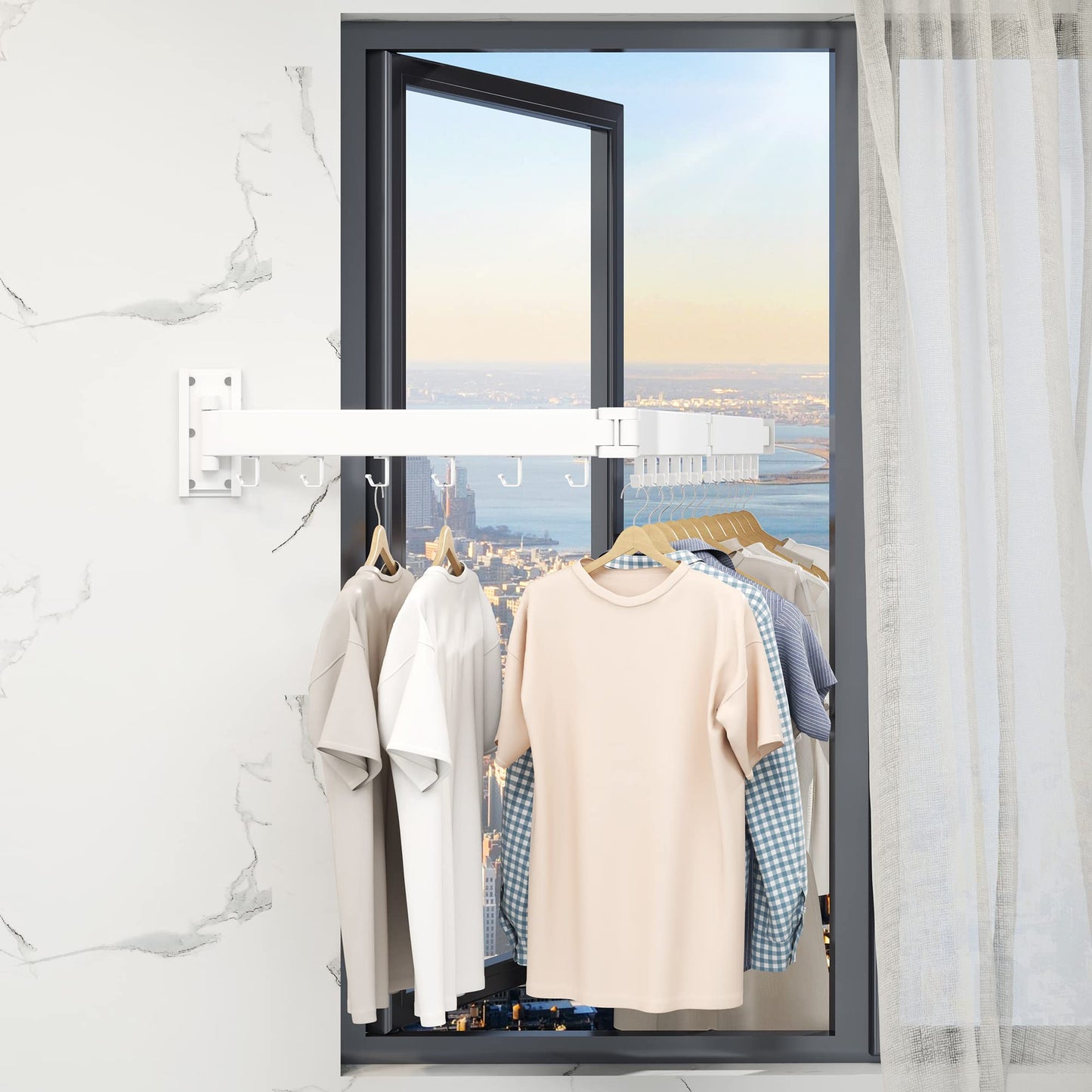Clothes Drying Rack,Wall Mounted Drying Rack,Drying Rack Clothing,Laundry Drying Rack,Clothes Hanging Rack,Laundry Rack Wall Mount,Retractable,Collapsible Drying Rack Clothing (J Shape Hooks，White