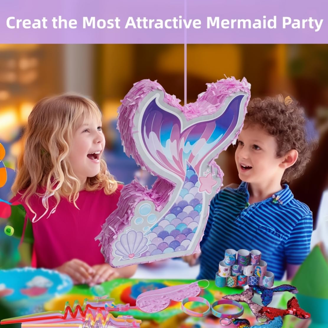 Mermaid Pinata Set for Girls Birthday Party Favors Kids Mermaid Themed Birthday Party Supplies with Mermaid Tail Pinata Stickers Slap Bracelets Keychains Silicone Bands and Straws