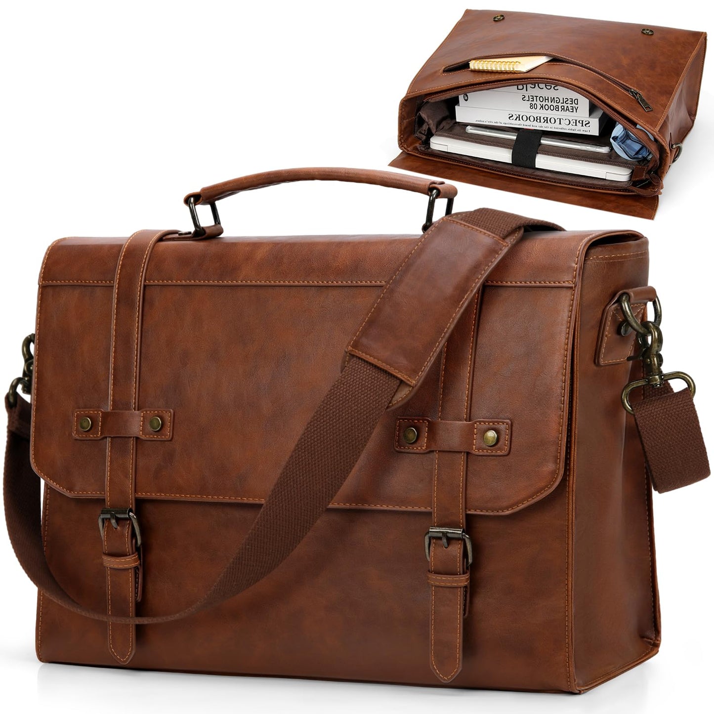 Messenger Bag Men 17 Inch Laptop Bag Vintage PU Leather Computer Briefcase Waterproof Satchel Bag Retro Shoulder Bag for Office Work Business Travel College,Brown