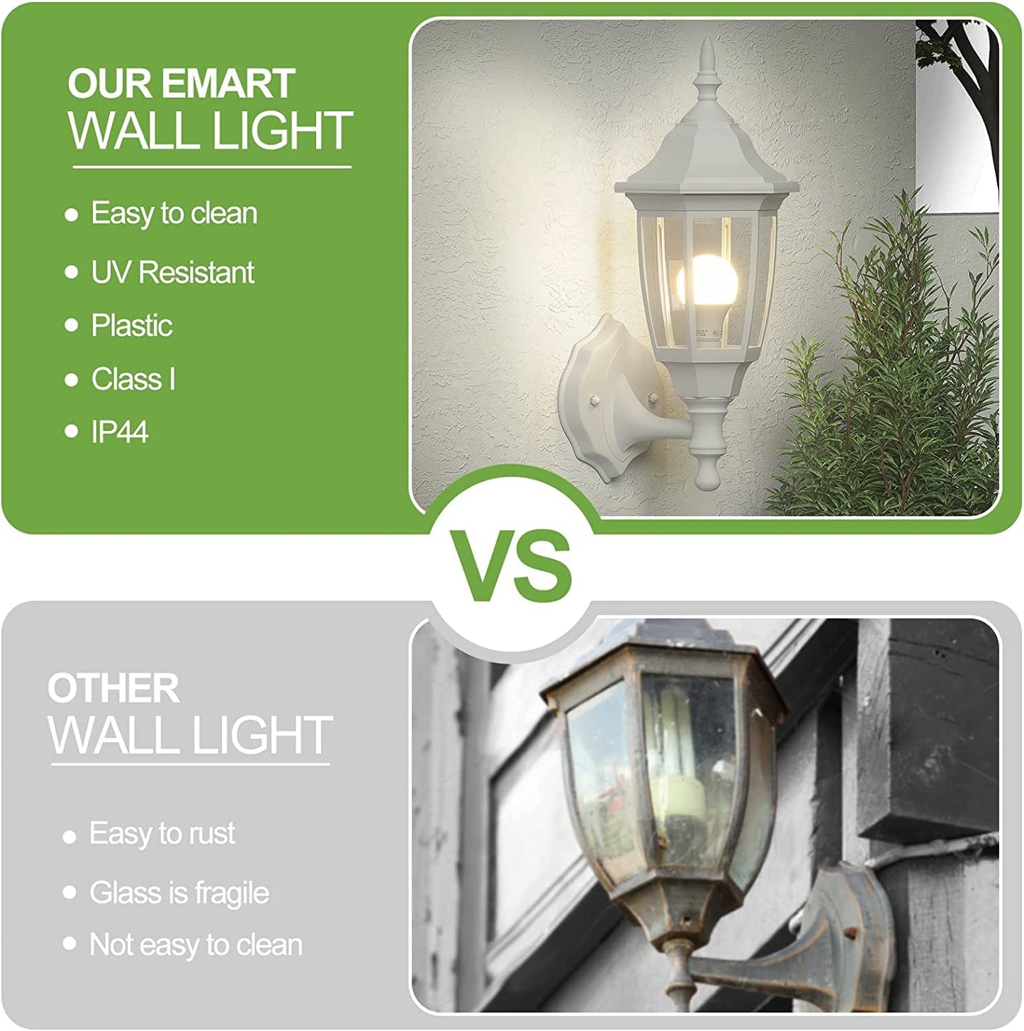 EMART Outdoor Porch Light, Exterior Wall Mount Lantern Fixtures, Anti-Corrosion Waterproof Plastic Material, E26 Socket Lamp for House, Garage, Outside, Backyard, White, 2 Pack (Bulb Included)