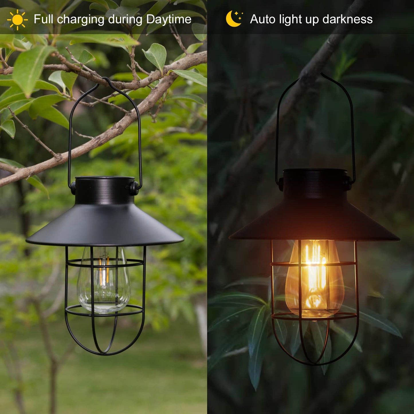 pearlstar Solar Lanterns Hanging Lights Waterproof Solar Lanterns Outdoor Metal Solar Powered for Wall Yard Garden Patio Garage Balcony Porch Fence Decor, Warm White Edison Bulb（Black-2pack）