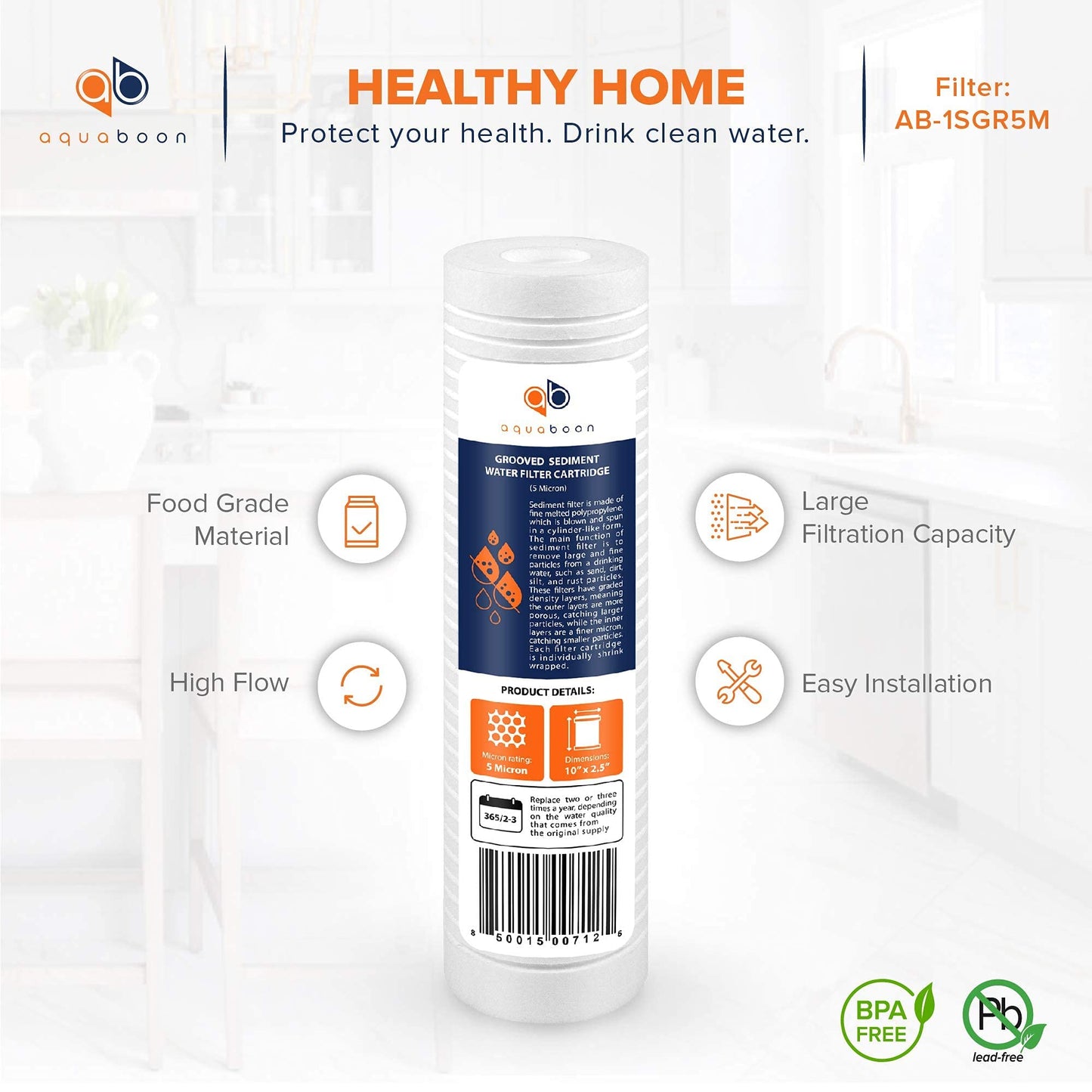Aquaboon Whole House 5 Micron 10 x 2.5 PP Grooved Sediment Water Filter Cartridge Replacement Compatible with AP110, WHKF-GD05, CFS110, P5, 6-Pack
