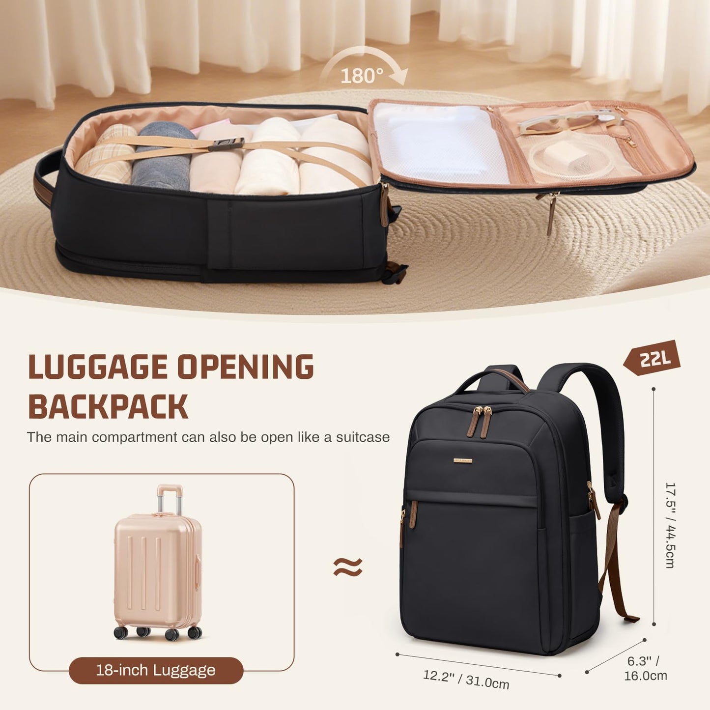 GOLF QUALITY 22L Travel Backpack for Women & Men,Carry On Bag for Airplanes Personal Item Laptop Backpack,17.3 Inch,Black