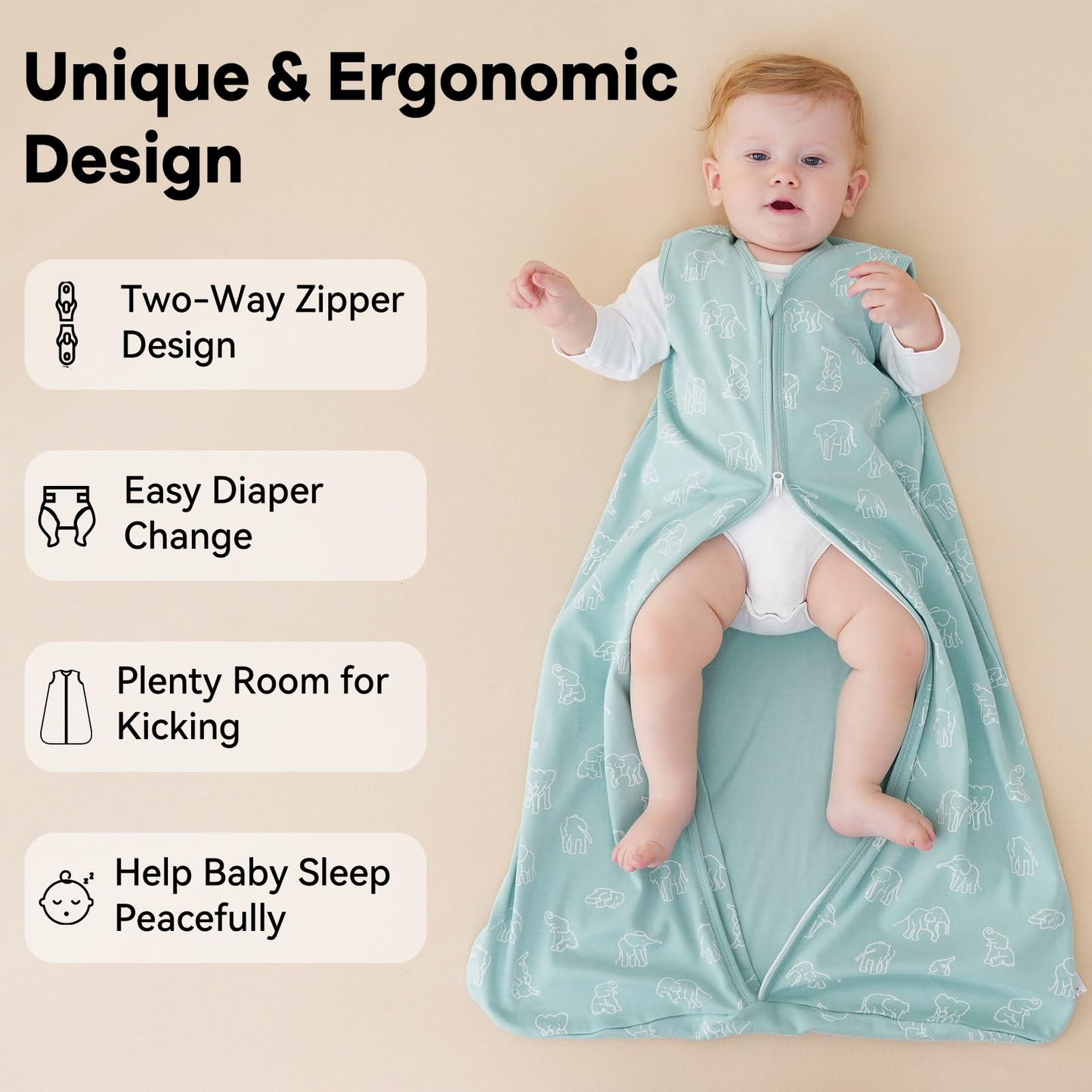 Unnivoll Baby Sleep Sack 18-24 Months 3 Pack 100% Cotton Lightweight 0.5 TOG Wearable Blanket Baby Sleep Bag with 2-Way Zipper for Newborn Infant Apricot Gray Green Elephant