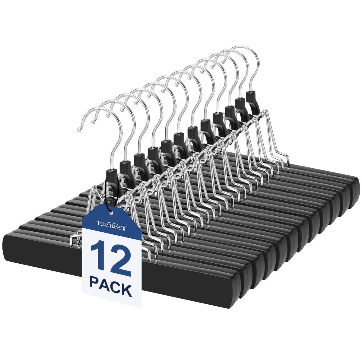 TOPIA HANGER 12 Pack Wooden Pants Hangers, Hair Extension Hangers Non Slip Skirt Hanger Wood Clamp with Velvet Padded 360° Swivel Hook for Jeans, Skirts, Trousers, Wigs CT67B