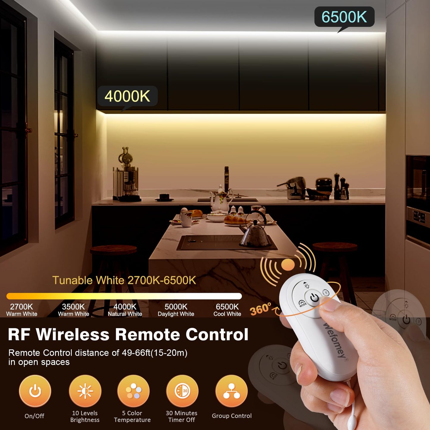 Wefomey COB LED Strip Light White, Dimmable 2700K-6500K High Density 6080LEDs 24V Flexible LED Tape Light with Remote and APP Control, for Under Cabinet Bedroom Kitchen DIY Lighting,1 Rolls of 10M