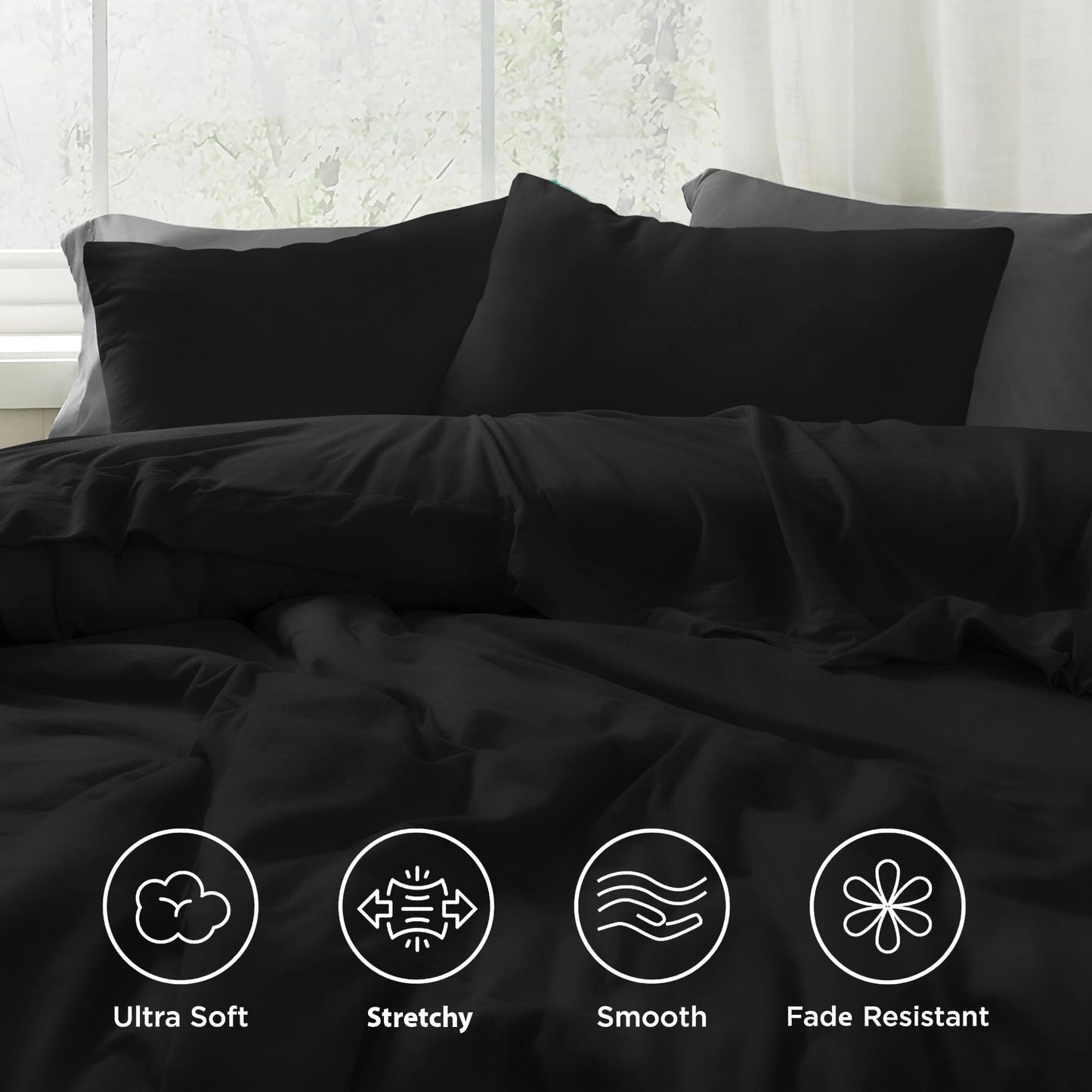 EnvioHome 100% Cotton Jersey Knit King Sheet Set - 4 Piece, Ultra Soft T-Shirt Feel, All Season, Breathable King Sheets, Snug Fit (Deep: 15") - Black
