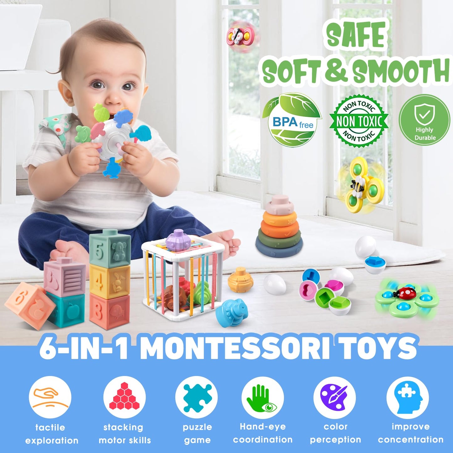 6 in 1 Montessori Toy for Baby 6-12-18 Months, Soft Stacking Building Blocks Infant Baby Teething & Sensory Toys for Toddlers 1-3 Year Old Boy Girl Gift