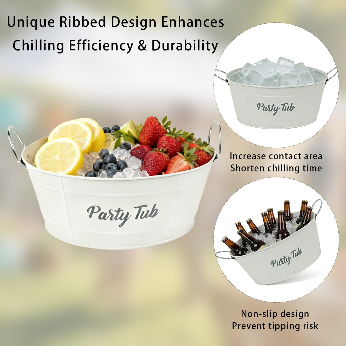 Annie Garden 2-Pack White Metal Ice Bucket, Beverage Cooler Tub with Stainless Steel Handle - Reinforced Ribbed Design, Silk-Screened Logo & Powder-Coated Surface for Party, Beverage Cooling & Storage