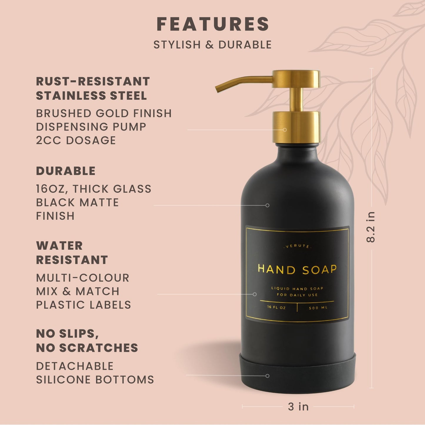 Verute 500ml Glass Soap Dispenser with Stainless Steel Pump, 21 Waterproof Labels, Non-Slip Protective Silicone Pad, Set of 2 for Bathroom & Kitchen (Matte Black Bottle/Brushed Gold Pump)