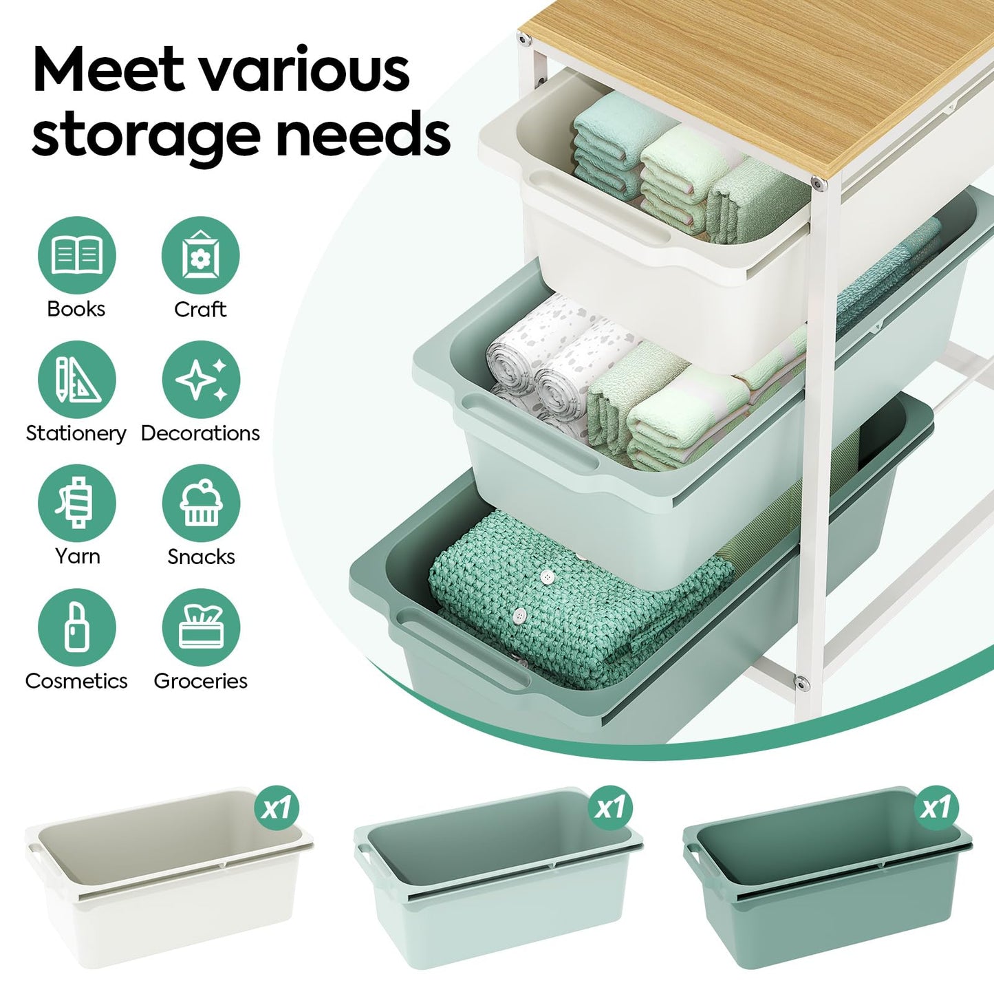 Rolling Storage Cart with 3 Drawers, Craft Organizer, Wooden Tabletop Utility Cart for Bedroom, Children's Room and Office Organization, Under Desk Trolley with Lockable Wheels, Green