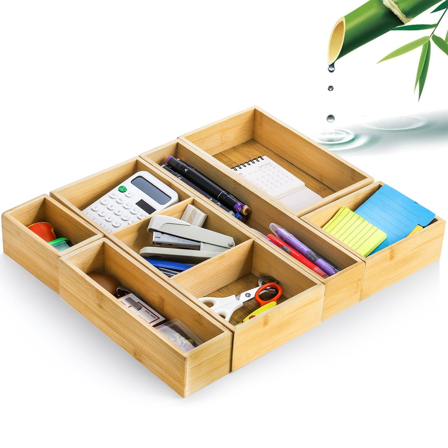 YOUEON Set of 6 Bamboo Drawer Organizers with Dividers Adjustable Multipurpose Storage Tray and Drawer Insert Box Bamboo Storage Boxes Divider Make-up Organiser for Home Office Kitchen Bedroom Desk
