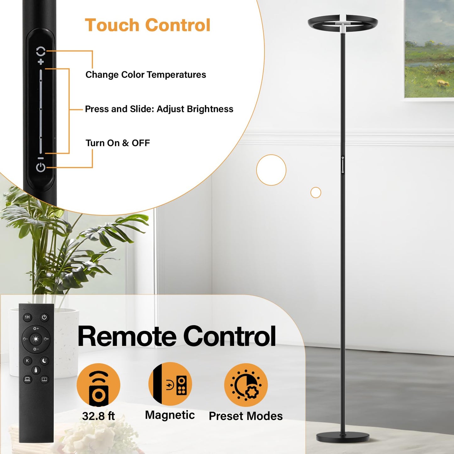 Ambimall Torchiere Floor Lamp, 2400LM LED Floor Lamp with Touch an d Remote Control, 70" Tall Standing Lamp with Stepless Dimmable and 3000K-5000K Color, Separately Rotatable Design(Black)