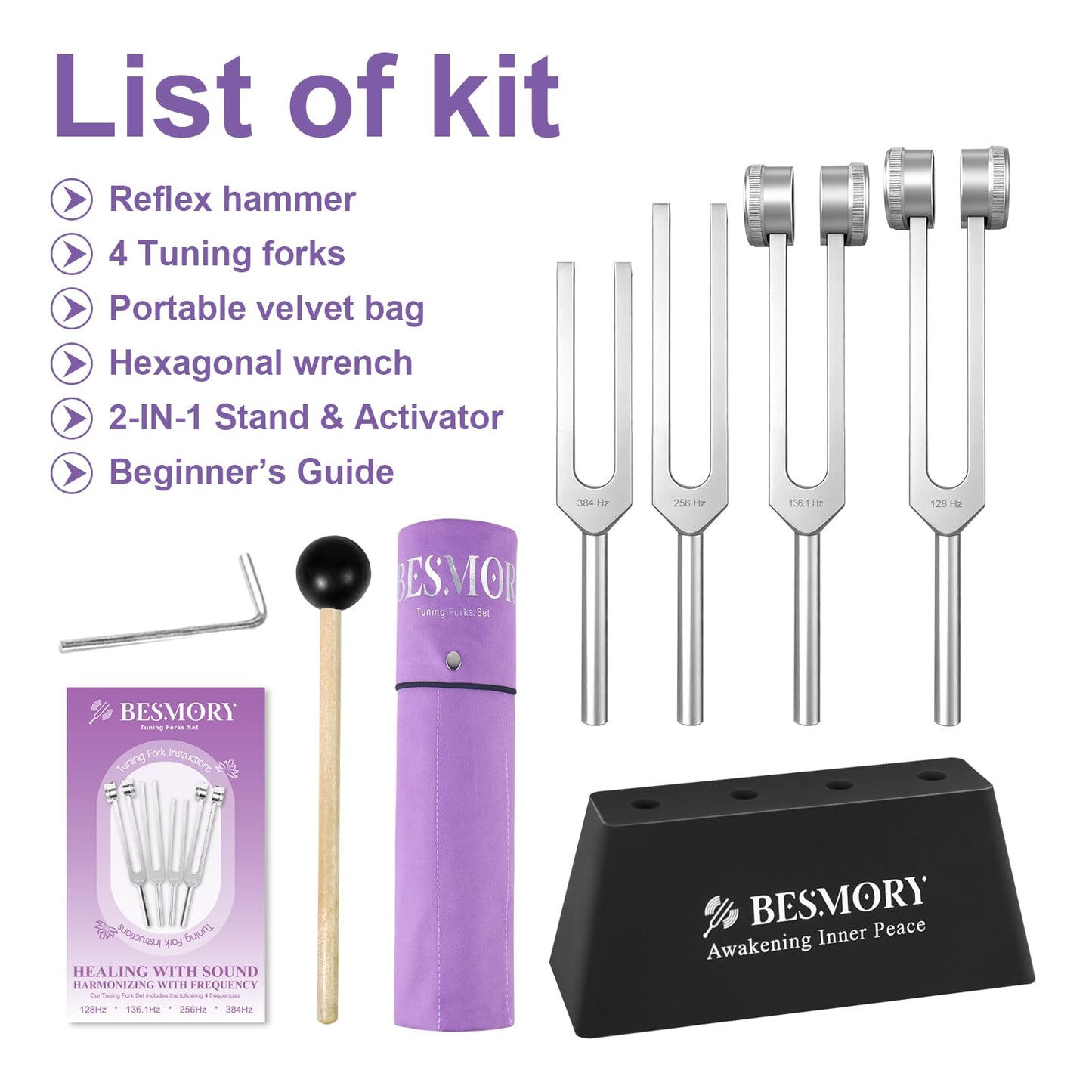 Tuning Forks for Healing(128Hz,136Hz,256Hz,384Hz),Sound Healing Instruments with Mallet and Stand Activator,Tuning Forks for Meditation,Yoga,Chakra Balancing&Deep Relaxation