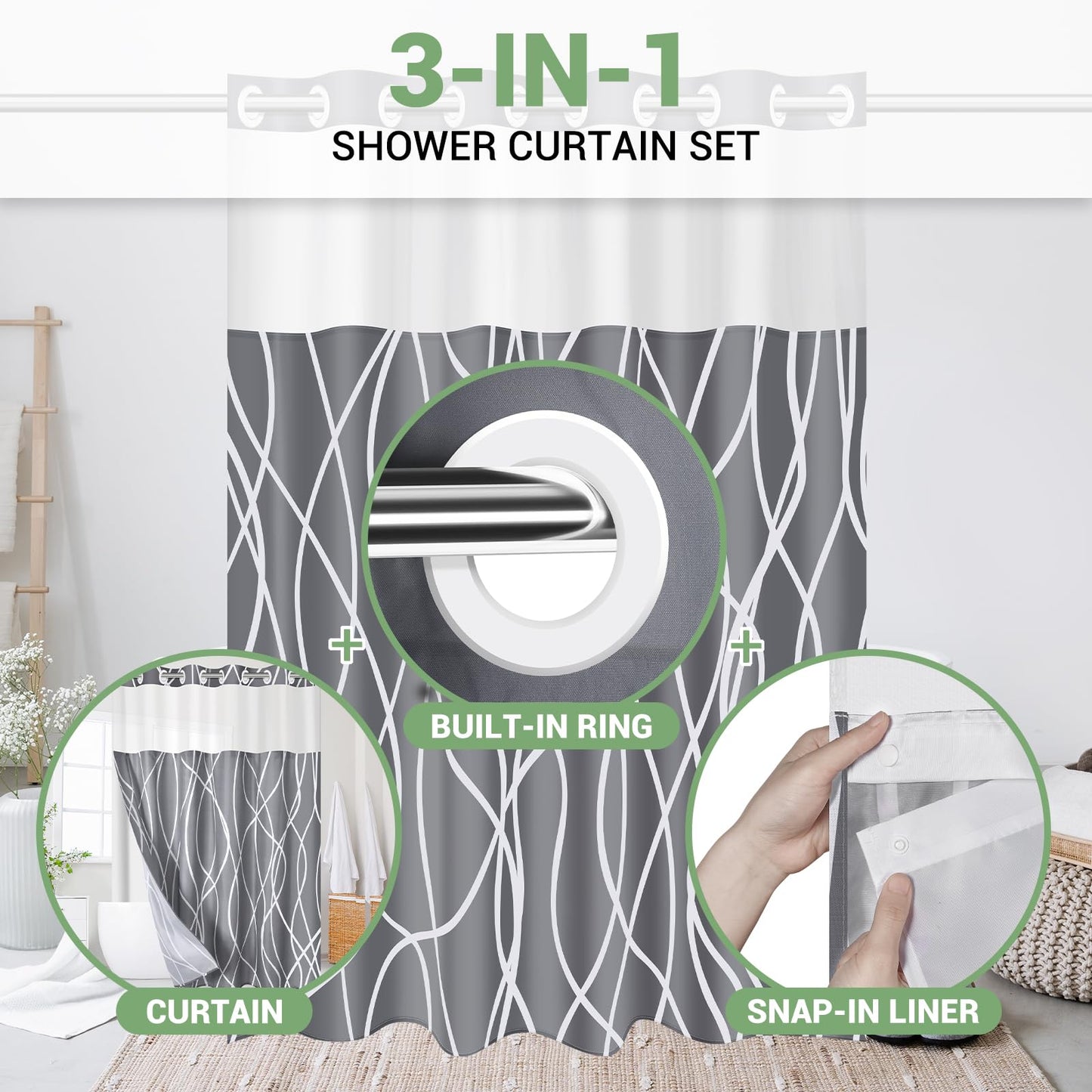 ECUCM Shower Curtain with Snap in Liner for Bathroom Bathtubs, Removable Shower Curtain Liner with 2 Magnets, Polyester Waterproof Soft Liner with See Through Mesh Top Window, (Grey, 71" W X 74" H)
