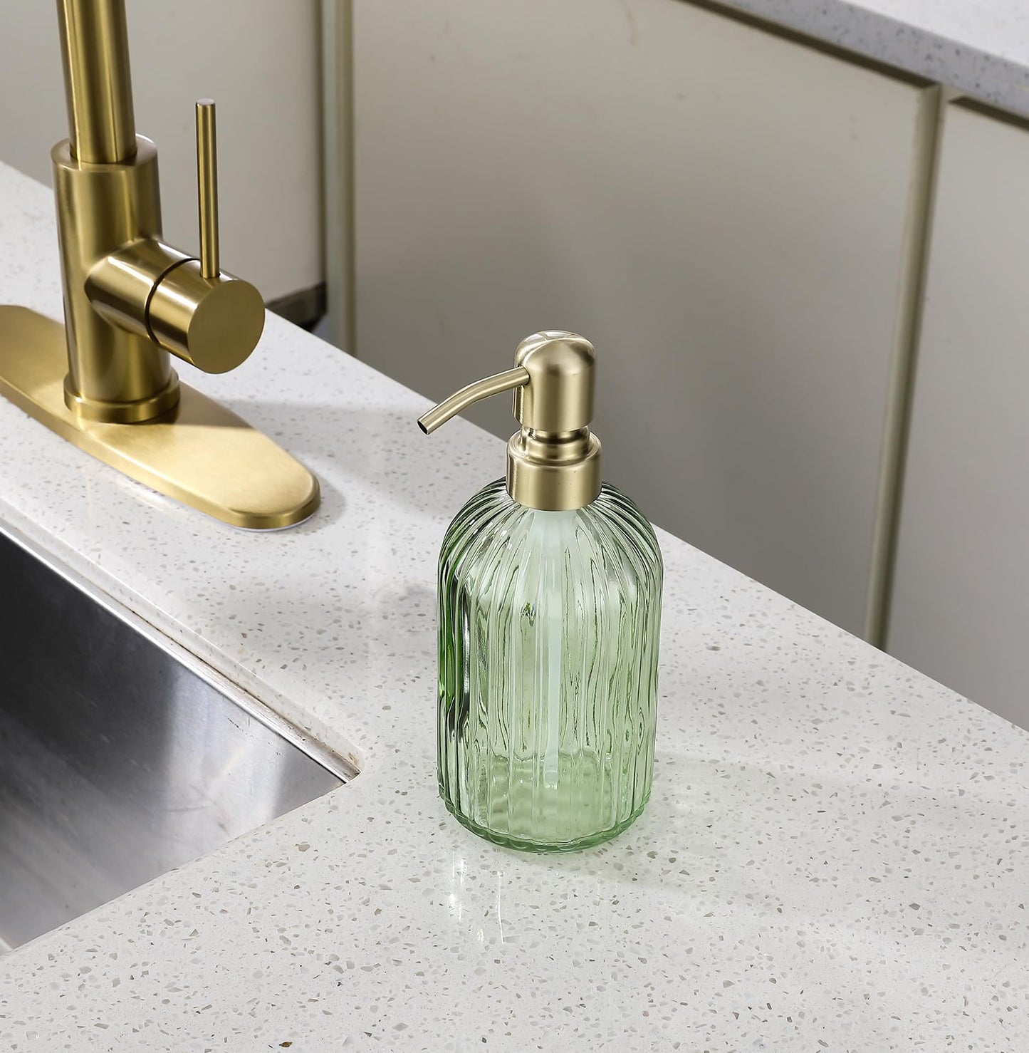 16Oz Green Glass Soap Dispenser with Rust Proof Stainless Steel Pump, Green Stripe Bathroom Hand Dish Lotion Dispensers with Brushed Gold Pump,Brushed Gold Glass Soap Dispenser2 Packs