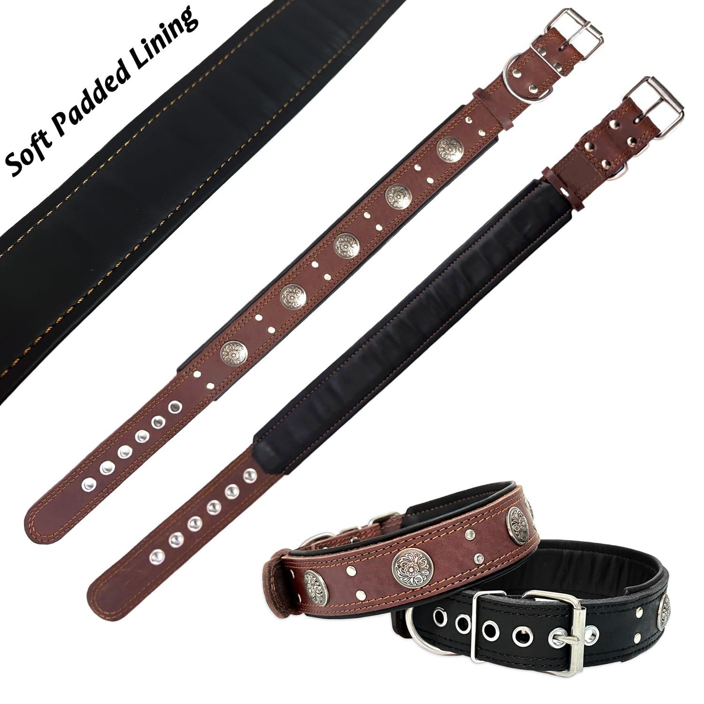 Leather Dog Collar for Large Medium Dogs, Heavy Duty 2 Inches Wide Dog Collars, Thick, Strong, Luxury and Studded Collar for Dogs Brown(19.5“-23.5”)
