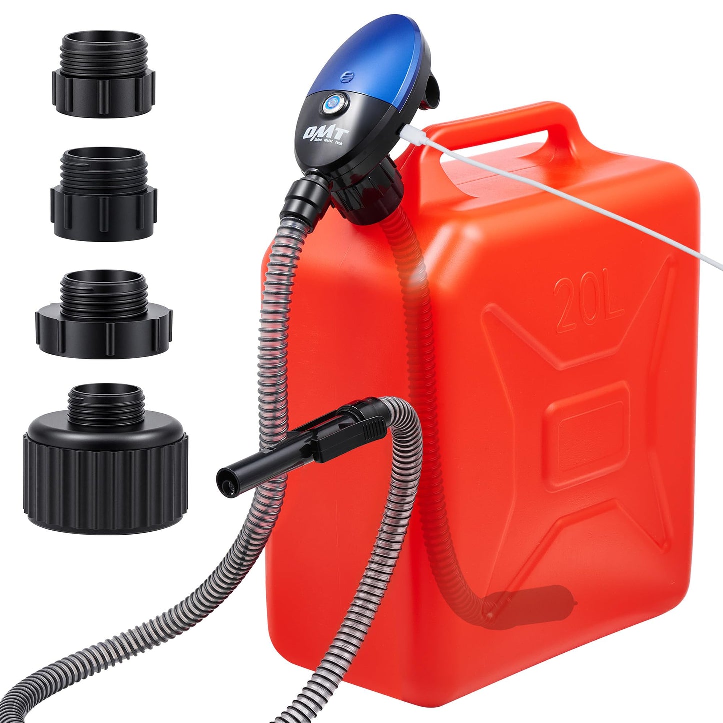 Orion Motor Tech Fuel Transfer Pump, 3.2GPM Electric Gas Can Pump, 1.3 m Hose Auto-Shutoff Nozzle, USB-C & AA Battery (NO BATTERIES INCLUDED) Powered, 4 Adapters for Gasoline, Diesel, Kerosene, Blue