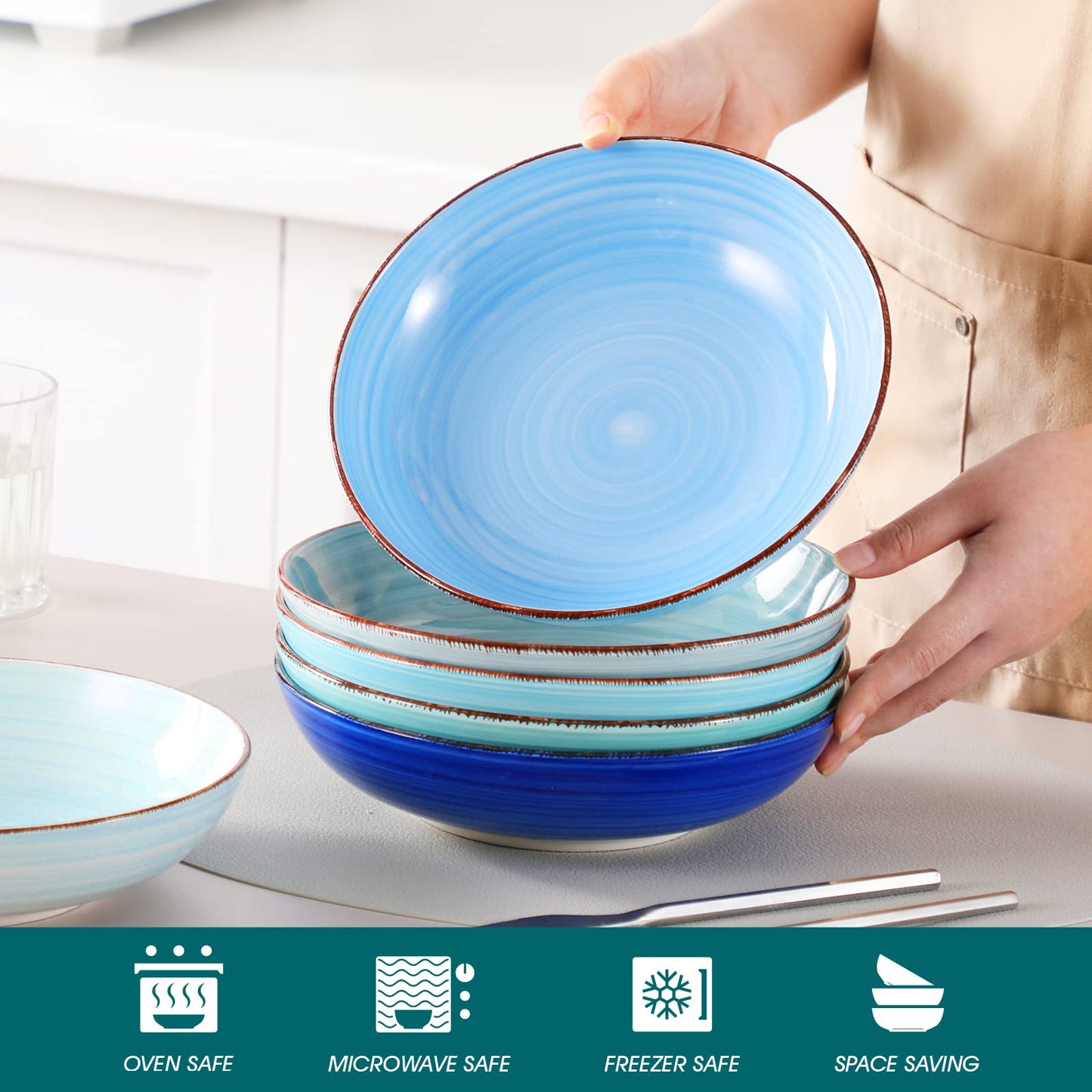 vancasso Bonita Pasta Bowls 38 oz, Large Ceramic Salad Bowls, Pasta Bowl Set of 6, Microwave & Dishwasher Safe Soup Bowls, Serving Bowls, Blue Bowl Set