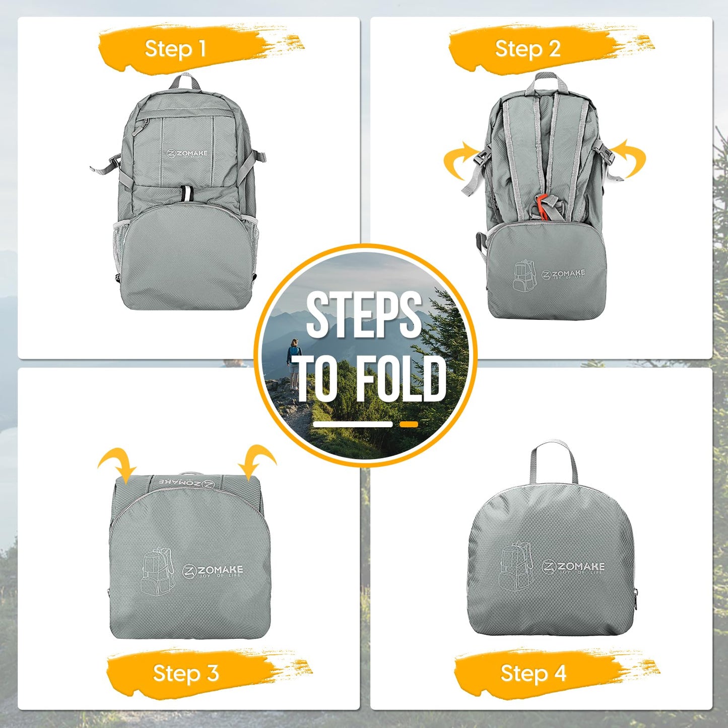 ZOMAKE Packable Hiking Backpack 35L, Water Resistant Lightweight Foldable Backpacks Daypack for Outdoor Hiking Women Men(Sliver Grey)