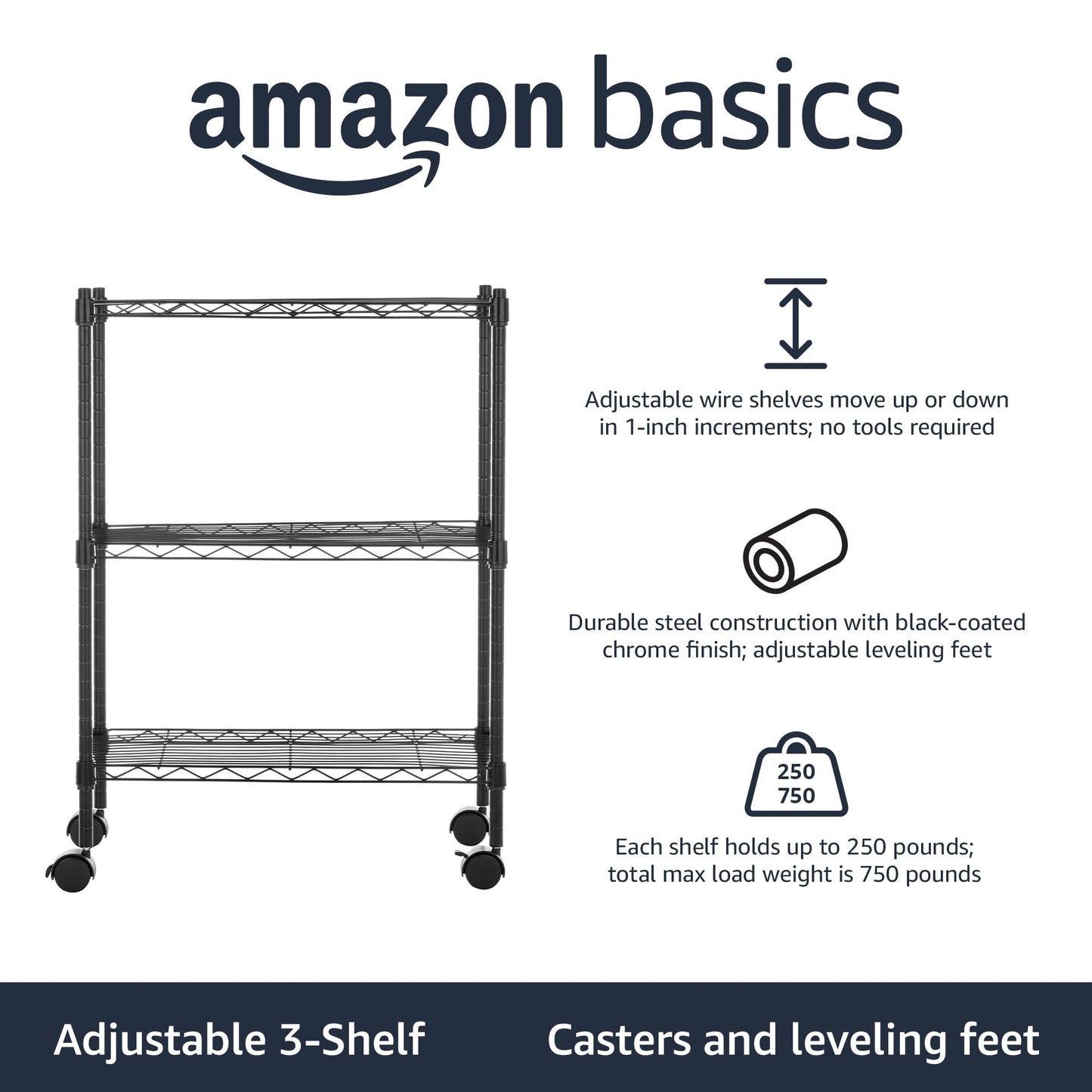 Amazon Basics 3-Shelf Adjustable, Heavy Duty Storage Shelving Unit on 5cm Wheel Casters, Metal Organizer Wire Rack, Black (59cm L x 34cm W x 83cm H)