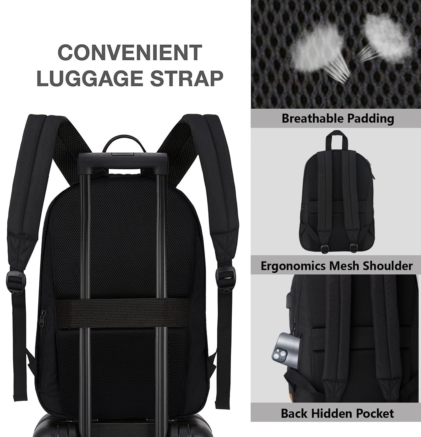KEOFID classic carry-on travel backpack for men and women, Anti theft laptop backpack with USB charging port, large backpack for college(dark black）