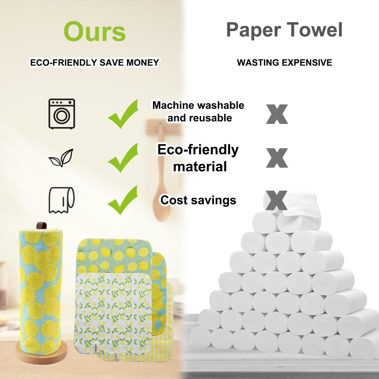 Chloven Reusable Paperless Paper Towels - Paperless Towels Roll Washable Cotton Cloth, Kitchen Paper Towels with Durable Cardboard Roll,25 Pack Zero Waste Reusable Napkins Alternative