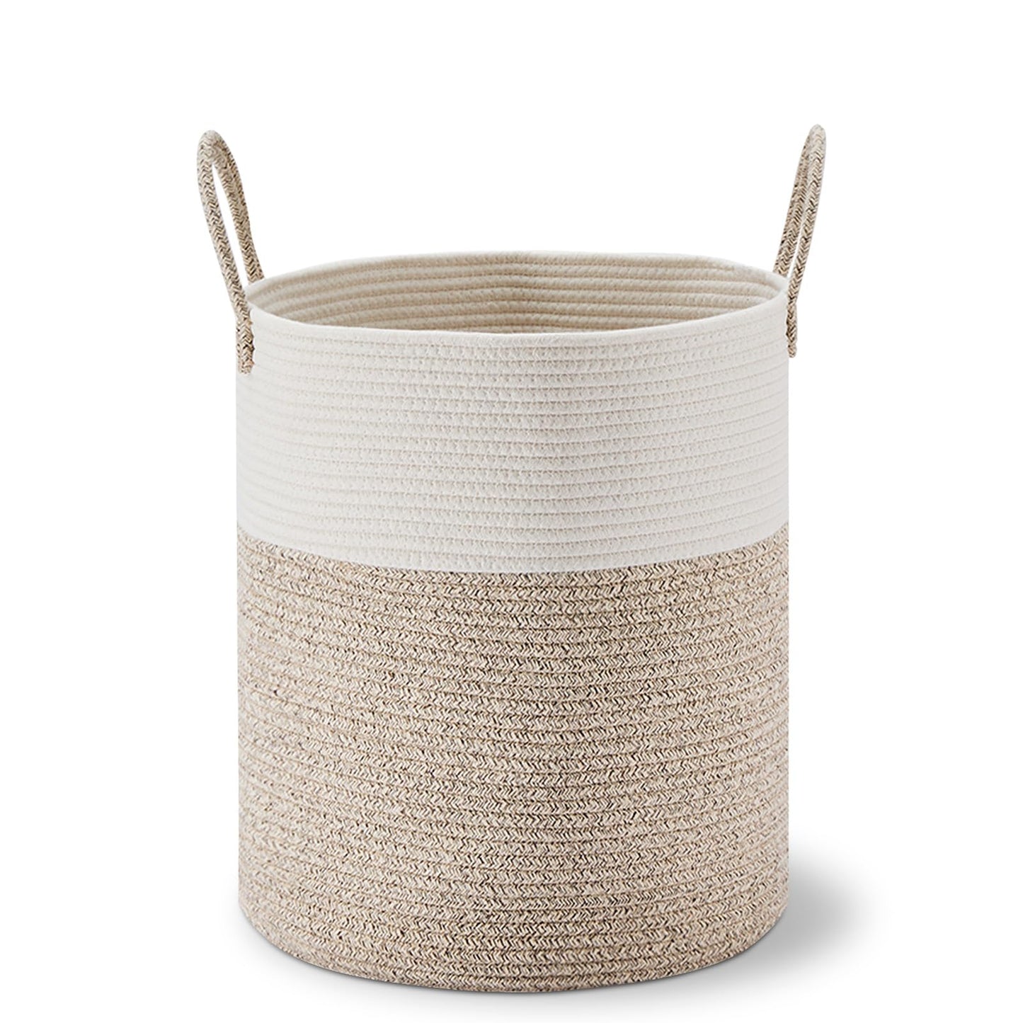 VIPOSCO Large Laundry Hamper, Tall Woven Rope Storage Basket for Blanket, Dirty Clothes in Living Room, Bathroom, Bedroom - 53L White & Brown